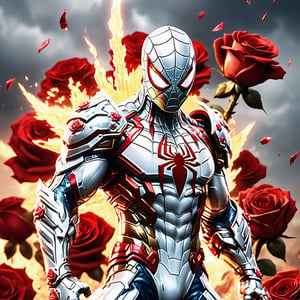 Realistic
Description of a [WARRIOR WHITE SPIDERMAN with WHITE wings] muscular arms, very muscular and very detailed, dressed in full body armor filled with red roses with ELECTRIC LIGHTS all over his body, bright electricity running through his body, full armor, letter medallion . H, H letters all over uniform, H letters all over armor, metal gloves with long sharp blades, swords on arms. , (metal sword with transparent fire blade).holding it in the right hand, full body, hdr, 8k, subsurface scattering, specular light, high resolution, octane rendering, field background,4 ANGEL WINGS,(4 ANGEL WINGS ), transparent fire sword, golden field background with red ROSES, fire whip held in his left hand, fire element, armor that protects the entire body, (SPIDERMAN) fire element, fire sword, golden armor, medallion with the letter H on the chest, WHITE SPIDERMAN, open field background with red roses, red roses on the suit, letter H on the suit, muscular arms,background Rain golden, (Rain money) sword fire 