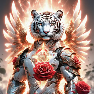 Realistic
Description of a [WARRIOR WHITE HUMAN TIGER with WHITE wings] muscular arms, very muscular and very detailed, dressed in full body armor filled with red roses with ELECTRIC LIGHTS all over his body, bright electricity running through his body, full armor, letter medallion . H, H letters all over uniform, H letters all over armor, metal gloves with long sharp blades, swords on arms. , (metal sword with transparent fire blade).holding it in the right hand, full body, hdr, 8k, subsurface scattering, specular light, high resolution, octane rendering, field background,4 ANGEL WINGS,(4 ANGEL WINGS ), transparent fire sword, golden field background with red ROSES, fire whip held in his left hand, fire element, armor that protects the entire body, (H) fire element, fire sword, golden armor, medallion with the letter H on the chest, WHITE Human Tiger, open field background with red roses, red roses on the suit, letter H on the suit, muscular arms,background Rain golden, (Rain money) sword fire H, escudo H,letter H Pendant, medalion letter H in the uniforme, hyper muscle,cat