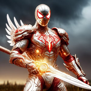 Realistic
Description of a [WARRIOR WHITE Spiderman with WHITE wings] muscular arms, very muscular and very detailed, dressed in full body armor filled with red roses with ELECTRIC LIGHTS all over his body, bright electricity running through his body, full armor, letter medallion . H, H letters all over uniform, H letters all over armor, metal gloves with long sharp blades, swords on arms. , (metal sword with transparent fire blade).holding it in the right hand, full body, hdr, 8k, subsurface scattering, specular light, high resolution, octane rendering, field background,4 ANGEL WINGS,(4 ANGEL WINGS ), transparent fire sword, golden field background with red ROSES, fire whip held in his left hand, fire element, armor that protects the entire body, (H) fire element, fire sword, golden armor, medallion with the letter H on the chest, WHITE Spiderman, open field background with red roses, red roses on the suit, letter H on the suit, muscular arms,background Rain golden, (Rain money) sword fire H, escudo H,letter H Pendant, medalion letter H in the uniforme, hyper muscle,cat,DonMASKTexXL ,Spirit Fox Pendant,chrometech