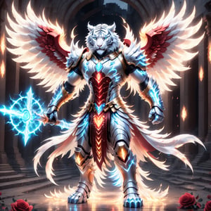 Realistic
Description of a very muscular and highly detailed [WHITE human tiger with WHITE wings], dressed in detailed full body armor filled with red roses with armored plates all over the body, bright electricity running through its body, full armor, medallion with the letter H, metal gloves with long sharp blades, swords on the arms. , (metal sword with transparent fire blade). in right hand, full body, hdr, 8k, subsurface scattering, specular light, high resolution, octane rendering, field background, ANGEL WINGS,(ANGEL WINGS), transparent fire sword, golden field background with ROSES red, fire whip in his left hand, fire element, armor that protects the entire body,fire element,sword fire,golden armor,face tiger,more detail XL,composed of elements of thunder,thunder,electricity,composed of elements of thunder锛宼hunder锛宔lectricity