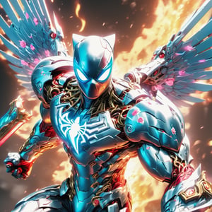 Realistic
Description of a [WARRIOR WHITE SPIDERMAN with WHITE wings] muscular arms, very muscular and very detailed, dressed in full body armor filled with red roses with ELECTRIC LIGHTS all over his body, bright electricity running through his body, full armor, letter medallion . H, H letters all over uniform, H letters all over armor, metal gloves with long sharp blades, swords on arms. , (metal sword with transparent fire blade).holding it in the right hand, full body, hdr, 8k, subsurface scattering, specular light, high resolution, octane rendering, field background,4 ANGEL WINGS,(4 ANGEL WINGS ), transparent fire sword, golden field background with red ROSES, fire whip held in his left hand, fire element, armor that protects the entire body, (SPIDERMAN) fire element, fire sword, golden armor, medallion with the letter H on the chest, WHITE SPIDERMAN, open field background with red roses, red roses on the suit, letter H on the suit, muscular arms,background Rain golden, (Rain money) sword fire H, escudo H,letter H Pendant, medalion letter H in the uniforme, hyper muscle,cat