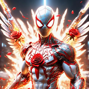 Realistic
Description of a [WARRIOR WHITE SPIDERMAN with WHITE wings] muscular arms, very muscular and very detailed, dressed in full body armor filled with red roses with ELECTRIC LIGHTS all over his body, bright electricity running through his body, full armor, letter medallion . H, H letters all over uniform, H letters all over armor, metal gloves with long sharp blades, swords on arms. , (metal sword with transparent fire blade).holding it in the right hand, full body, hdr, 8k, subsurface scattering, specular light, high resolution, octane rendering, field background,4 ANGEL WINGS,(4 ANGEL WINGS ), transparent fire sword, golden field background with red ROSES, fire whip held in his left hand, fire element, armor that protects the entire body, (SPIDERMAN) fire element, fire sword, golden armor, medallion with the letter H on the chest, WHITE SPIDERMAN, open field background with red roses, red roses on the suit, letter H on the suit, muscular arms,background Rain golden, (Rain money) sword fire H, escudo H,letter H Pendant, medalion letter H in the uniform