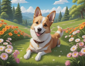 cute cartoon character, dog enjoying springtime flowers, (((masterpiece))),(best quality)