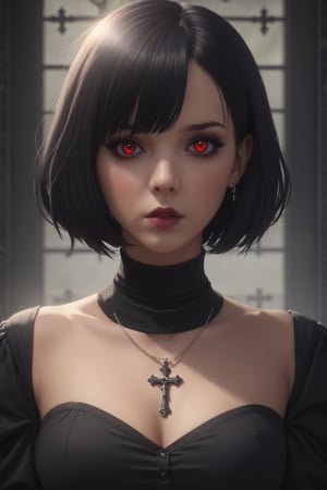  gthan, dtldr, gothic, 1girl, solo, short hair, black hair, jewelry, looking at viewer, necklace, cross, portrait, bangs, red eyes, closed mouth, turtleneck, blurry background, cross necklace, lips, piercing, blurry, bob cut