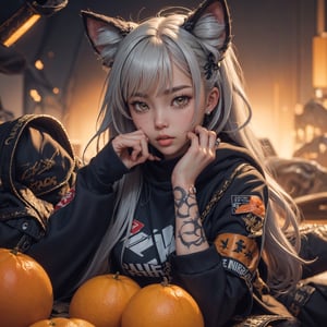 un primer plano de una chica que llevaba una sudadera con capucha negra y naranja, de Arknights, De Girls Frontline, Arknights, Estilo de primera línea para chicas, Chica con orejas de gato, Estilo de colección Kantai, hermosa Zorra anime, linda Zorra, Universo Girls Frontline, Fox Girl, Estilo artístico de alta calidad, Zorra, Arte detallado (Pecho grande:2.0), ojos naranjas