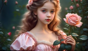 a girl in a dress holding a rose, cute girl, cute beautiful, adorable beautiful cute, Portrait of a princess, very beautiful girl, beautiful, victorian fantasy art, 
beautiful princess,style of dreamypetra,newhorrorfantasy_style