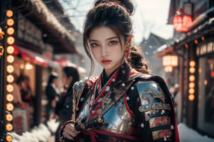 1girl, sweet, big breasts, snow scene, cafe, sexy female warrior, holding a sword, shiny bracelet, sexy samurai uniform (white, transparent), cloak, solo, {beautiful and delicate eyes}, natural soft light, exquisite facial features, Very small earrings, charming figure, (neon hair: 1.2), honeycomb shape, very long hair, high ponytail, curly hair, fine lines, authentic craftsmanship, masterpiece, best quality, realistic, super detailed, fine, High resolution, perfect dynamic composition, beautiful detailed eyes, eye smile, (ferocious expression: 1.4), sharp focus, full body, (attack pose: 1.4), cowboy shot glowing forehead, lights, exposed neck , bare shoulders, bare belly, six pack,