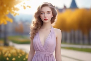 Front view , Autumn style, yellow flowers blooming, depth of field, lighting bokeh as background, pink and white long transparent Boss dress, 1girl, snow-white delicate skin, long light brown curly hair, and a silver hairpin on her head. The blue eyes are a deep lavender color big and charming, wearing  long red scaf, Wrap around the neck and cover the chest, With pale pink lips, charming and cute. FilmGirl, xxmix_girl, detailed eyes, perfact blur eyes, mouth small,  full body,  3d style, light bokeh backgroud,3d style,isni,Movie Still,3d,3d render,Realism,flash,Masterpiece,photorealistic