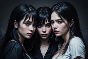 ((photorealistic)),  Professional photo of a (3 beautiful girls in the dark)