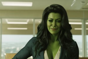 full body, big cleavage, breasts, a full body photo of ohwx woman with cleavage, long hair smiling, big cleavage, sexy expression, looking at the camera, green skin, lawyer suit cleavage with open buttons to show cleavage