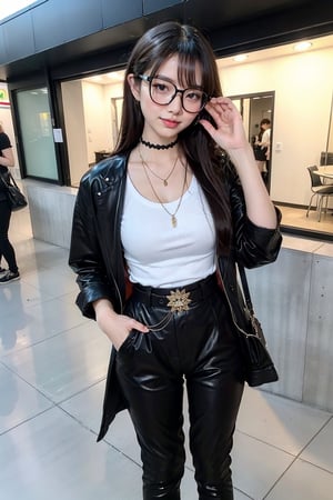 a slim-fit Japanese woman with black hair and green eyes wearing round glasses posing in the city wearing grunge fashion,age 25 years old, extremely long hair, straight hair, (green eyes),smile,full body,glasses, round glasses, black-rimmed glasses (masterpiece, best quality, highres),1 girl, choker, necklace, layered necklaces, multiple necklaces, fall fashion, Detailedface, ((seductive smile)), ,Detailedface,Enhance