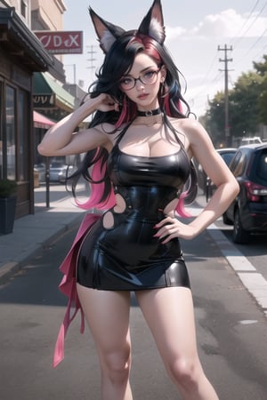 (((1girl,  multicolored hair,  black hair, red hair, black lipstick,  large breasts,  fox ears,  smiling))) a slim and curvy fox girl gradient black and red eyes with large breasts and wide hips wearing a black leather cutout dress,  looking at viewer,  Perfectly glossy skin,  25 yo mature girl,  picture of a vivid,  (masterpiece:1.2),  (extremely detailed),  (8k:1.1),  (perfect lighting,  best quality,  highres,  original),  (realistic photography:1.4),  (tall image:1.5),  high detailed skin,  shaded face,  soft lighting,  (small face),  RAW,  ultra highres,  pores visible,  multicolored hair,  black hair,  long hair,  full body,  sexy,  large breasts,  wide hips,  cleavage,  hand on hip,  hip cocked,  choker,  large breasts,  realhands,  cutout dress,  dark thin-rimmed glasses,  z1l4, mature female, Ingrid, yaohu, 1 girl, edgpskirt, wearing edgpskirt, punk skirt,cutout dress,yaohu, leather dress