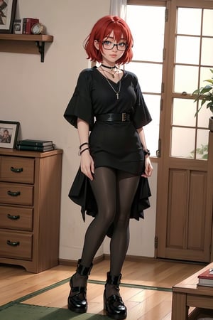 a slim-fit Japanese woman with red hair and green eyes wearing round glasses in a cozy home wearing grunge fashion,age 25 years old, short hair, Asymmetrical hair, half shave, (green eyes),smile,full body,glasses, round glasses, black-rimmed glasses (masterpiece, best quality, highres),1 girl, choker, necklace, layered necklaces, multiple necklaces, fall fashion, Detailedface, ((smile)), ,Detailedface,Enhance, indoors, smiling,