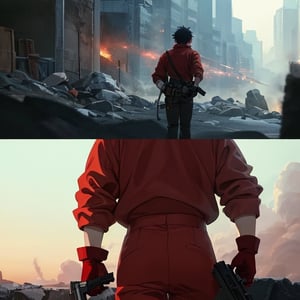 Tetsuo from Akira movie, red clothing, gloves, holding a gun, anime style, midjourney, movie scene, 4k, epic, shooting