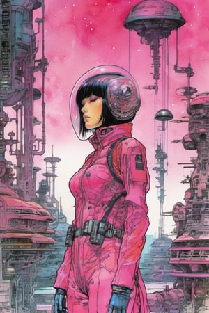 xxmixgirl,1 female , alien-worlds, cyberpunk, dark, dystopia, industrial, manga-anime, science-fiction comic by Jean Giraud Mamoru Oshii Tsutomu Nihei, watercolor colours, pink palette, coloured