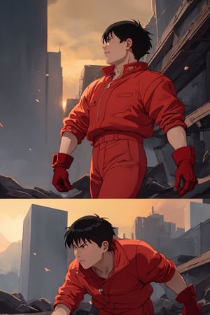 kaneda from akira in battle movie scenes, red clothing, gloves, epic scene, anime style, movie scene, 4k, epic