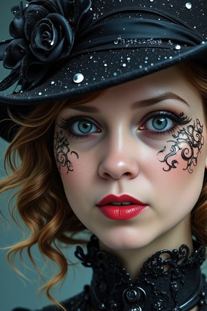 a ultra close up tiny little frog in a raindrop, a close up of a person wearing a mask, dreamy gothic girl, elegant render, half body photo, mistress, photoshop render, ebony rococo, elegant girl, female spy, haunting beautiful young woman, super-hero girl, extravagant dress, beauty girl, zorro, broad brimmed black hat, 8k resolution,Auguste Renoir ~ Paul Peel ~ John Singer Sargent ~ Alexandre-Jacques Chantron ~ John William Godward ~ John William Waterhouse ~ Han-Wu Shen ~ Ishitaka Amano ~ Chakrapan Posayakrit ~ Kim Jung Gi ~ Kei Mieno ~ Ikushima Hiroshi ~ WLOP ~ William-Adolphe Bouguereau ~ Alphonse Mucha ~Luis Royo ~ Range Murata ~ Jock Sturges photography ~ David Hamillton photography ~ Rustic Sketchbook Style, Sketch Book, Hand Drawn, Dark, Gritty, Realistic Sketch, Rough Sketch, Mix of Bold Dark Lines and Loose Lines, Bold Lines, On Paper, Turnaround Character Sheet, Natural Light, Dynamic, Highly Detailed, Watercolor Painting, Watercolor Paper, Artstation, Concept Art, Smooth and Crisp, Sharp Focus, Illustration, Goth girl,.retro glam,,surreal,sparkles,LimmaGansales