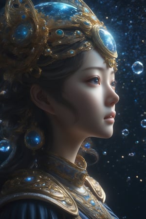 masterpiece, extremely best quality,  official art,  cg 8k wallpaper,  (Fantasy Style:1.1), (face focus,  cute,  masterpiece,  best quality,  1girl,  black background,  solo,  standing,  pixiv:1), 3d,  looking up,  light particle,  highly detailed,  best lighting,  pixiv,  depth of field,  (beautiful face),  fine water surface,  incredibly detailed,  (an extremely  beautiful),  (best quality),yua_mikami,Renaissance Sci-Fi Fantasy