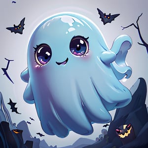 ((masterpiece,best quality)), absurdres,, Cute_Ghost, no humans, solo, ghost, floating, halloween, pokemon (creature), cute, solo, smiling, looking at viewer,purple theme, graveyard in background, ,blue eyes