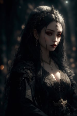 Vampire Queen, backlit, intricate details, highly detailed, slate atmosphere, cinematic, dimmed colors, dark shot, muted colors, film grain, lut, spooky, depth blur, blurry background dof, bokeh, realistic, realistic skin,ojou-sama pose,1 girl