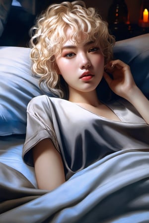 (masterpiece), science fiction, scenery,a 20 yo woman, blonde, (hi-top fade:1.3), (gold eyes, makeup), curly_hair, dark theme, soothing tones, muted colors, high contrast, (natural skin texture, hyperrealism, soft light, sharp), bangs, Lying on the bed,,chinatsumura,girl,halloweentech ,renaissance