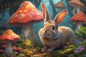 a little rabbit standing in jungle of luminescent fauna of wildly colored mushrooms,full body portrait,seen from below, highly detailed, beautiful colours, masterpiece,
dynamic background, 8k resolution, looking away, masterpiece, best quality, Photorealistic, ultra-high resolution, photographic light, full body, whimsical, league of legends, illustration by MSchiffer, fairytale, sunbeams, best quality, best resolution, cinematic lighting, Hyper detailed, Hyper realistic, masterpiece, atmospheric, high resolution, vibrant, dynamic studio lighting, wlop, Glenn Brown, Carne Griffiths, Alex Ross, artgerm and james jean, spotlight, fantasy, surreal