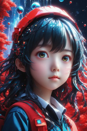 masterpiece, extremely best quality,  official art,  cg 8k wallpaper,  (Fantasy Style:1.1), (face focus,  cute,  masterpiece,  best quality,  1girl,  black background,  solo,  standing,  pixiv:1), 3d,  looking up,  light particle,  highly detailed,  best lighting,  pixiv,  depth of field,  (beautiful face),  fine water surface,  incredibly detailed,  (an extremely  beautiful),  (best quality),yua_mikami,Renaissance Sci-Fi Fantasy,bl3uprint,ksaqua,Enhanced Reality,3D Render Style,Sci-fi ,3l3ctronics,dripping paint,DonMChr0m4t3rr4XL ,Wearing school uniform, red theme, looking up