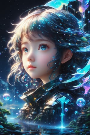 masterpiece, extremely best quality,  official art,  cg 8k wallpaper,  (Fantasy Style:1.1), (face focus,  cute,  masterpiece,  best quality,  1girl,  black background,  solo,  standing,  pixiv:1), 3d,  looking up,  light particle,  highly detailed,  best lighting,  pixiv,  depth of field,  (beautiful face),  fine water surface,  incredibly detailed,  (an extremely  beautiful),  (best quality),yua_mikami,Renaissance Sci-Fi Fantasy,bl3uprint,ksaqua,Enhanced Reality,3D Render Style,Sci-fi ,3l3ctronics,dripping paint,DonMChr0m4t3rr4XL 