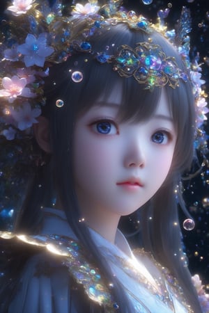 masterpiece, extremely best quality,  official art,  cg 8k wallpaper,  (Fantasy Style:1.1), (face focus,  cute,  masterpiece,  best quality,  1girl,  black background,  solo,  standing,  pixiv:1), 3d,  looking up,  light particle,  highly detailed,  best lighting,  pixiv,  depth of field,  (beautiful face),  fine water surface,  incredibly detailed,  (an extremely  beautiful),  (best quality),yua_mikami