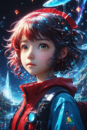 masterpiece, extremely best quality,  official art,  cg 8k wallpaper,  (Fantasy Style:1.1), (face focus,  cute,  masterpiece,  best quality,  1girl,  black background,  solo,  standing,  pixiv:1), 3d,  looking up,  light particle,  highly detailed,  best lighting,  pixiv,  depth of field,  (beautiful face),  fine water surface,  incredibly detailed,  (an extremely  beautiful),  (best quality),yua_mikami,Renaissance Sci-Fi Fantasy,bl3uprint,ksaqua,Enhanced Reality,3D Render Style,Sci-fi ,3l3ctronics,dripping paint,DonMChr0m4t3rr4XL ,Wearing school uniform, red theme, looking up