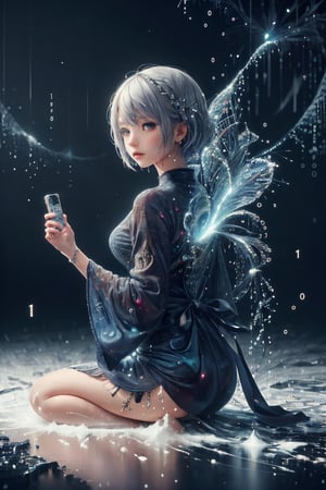 (masterpiece, top quality, best quality, official art, beautiful and aesthetic:1.2), (1girl:1.2), cute, extreme detailed,(abstract:1.4, fractal art:1.3),(silver_hair:1.1), fate \(series\), colorful,highest detailed, fire, ice, lightning, (splash_art:1.2), jewelry:1.4, hanfu, ,  scenery, ink,snow,binary code and digital art