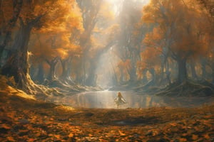 a number of leaves on the ground near a body of water, a picture, beautiful sunrise lighting, bursting with holy light, in the autumn forest, absolutely outstanding image, water reflecting suns light, stock photo, sf, intricate artwork masterpiece, ominous, matte painting movie poster, golden ratio, trending on cgsociety, intricate, epic, trending on artstation, by artgerm, h. r. giger and beksinski, highly detailed, vibrant, production cinematic character render, ultra high quality model,Flying elves, dancing on the petals,rayearth,in style of amy fell