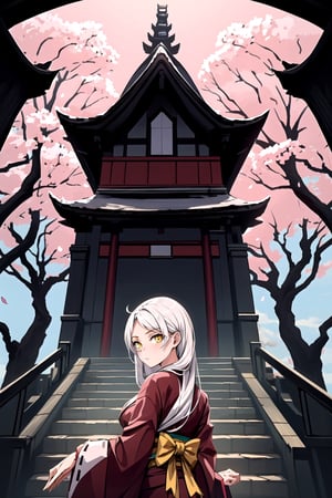 masterpiece, best quality, 1girl, yellow eyes, long hair, white hair, tree, stairs, standing, kimono, sky, cherry blossoms, temple, looking at viewer, upper body, from below, looking back,horror,close up