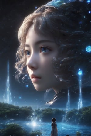 masterpiece, extremely best quality,  official art,  cg 8k wallpaper,  (Fantasy Style:1.1), (face focus,  cute,  masterpiece,  best quality,  1girl,  black background,  solo,  standing,  pixiv:1), 3d,  looking up,  light particle,  highly detailed,  best lighting,  pixiv,  depth of field,  (beautiful face),  fine water surface,  incredibly detailed,  (an extremely  beautiful),  (best quality),yua_mikami,Renaissance Sci-Fi Fantasy,bl3uprint,ksaqua,Enhanced Reality,3D Render Style,Sci-fi ,3l3ctronics