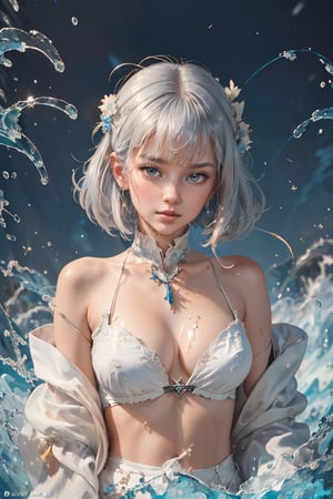 (masterpiece, top quality, best quality, official art, beautiful and aesthetic:1.2), (1girl:1.2), cute, extreme detailed,(abstract:1.4, fractal art:1.3),(silver_hair:1.1), fate \(series\), colorful,highest detailed, fire, ice, lightning, (splash_art:1.2), jewelry:1.4, hanfu, ,  scenery, ink,ASU1