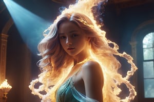 Cinematic results, beautiful fire elemental with detailed long flowy firery hair wearing a veil of vapor and steam holding a lamp, she is in a room surrounded by thick glittery vapor, sense of magic and wonder,  hyperdetailed face,  8k UHD,  Vaporwave,  steam, majolica elements ,fire element, alberto seveso style ,A girl dancing ,NYFlowerGirl