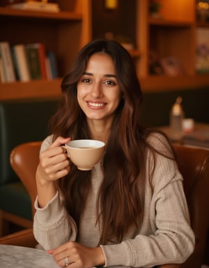 A charming portrait of D1SH4, an 18-year-old Indian woman, sitting in a cozy cafe.

Subject: D1SH4 is seated comfortably on a stylish chair, holding a coffee cup in one hand and looking straight at the camera. Her expression is warm and inviting, with a gentle smile playing on her lips. Her long, flowing brown hair cascades over her shoulders, framing her youthful face. Her fair skin has a natural, healthy glow enhanced by the warm lighting of the cafe.

Background: The cafe setting is warm and inviting, with soft, out-of-focus elements that suggest a cozy atmosphere. Wooden tables, bookshelves, and warm-toned decor create a comfortable ambiance without distracting from the subject.

Foreground: D1SH4's hands are visible, gracefully holding a ceramic coffee cup. The table in front of her is partially visible, perhaps with a book or a small plant to add depth to the scene.,