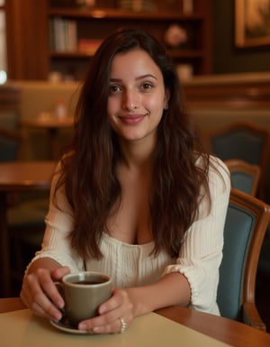 A charming portrait of Tr1pt1, an 18-year-old Indian woman, sitting in a cozy cafe.

Subject: Tr1pt1 is seated comfortably on a stylish chair, holding a coffee cup in one hand and looking straight at the camera. Her expression is warm and inviting, with a gentle smile playing on her lips. Her long, flowing brown hair cascades over her shoulders, framing her youthful face. Her fair skin has a natural, healthy glow enhanced by the warm lighting of the cafe.

Background: The cafe setting is warm and inviting, with soft, out-of-focus elements that suggest a cozy atmosphere. Wooden tables, bookshelves, and warm-toned decor create a comfortable ambiance without distracting from the subject.

Foreground: Tr1pt1's hands are visible, gracefully holding a ceramic coffee cup. The table in front of her is partially visible, perhaps with a book or a small plant to add depth to the scene.