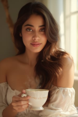 A close-up portrait of JanhviKapoorFlux in her bedroom, sipping morning coffee

Subject: JanhviKapoorFlux, long flowing hair, wearing a white satin nightg radiating a serene morning glow.

Background: A softly blurred cozy bedroom bathed in warm morning light, hints of a large window with white curtains visible.

Foreground: JanhviKapoorFlux's face in sharp focus, filling most of the frame, her captivating green eyes gazing just past the camera. A coffee cup held delicately near her chin, steam rising gently. Shot with an 85mm lens at f/2.0, creating a shallow depth of field that keeps her face in crisp detail while softly blurring the satin nightgown and background. Camera positioned slightly above eye level, angled down to capture the subtle play of light on her features and the rim of the coffee cup.

On flickr in 2007,detailed skin pore style