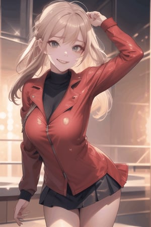 1girrl, solo, stunning beautiful Cancasian girl, 22yo, (dancing and tune, erubeat, parapara), wearing a red leather coat and skirt, turtleneck sweater, face close_up, grin smile, dynamic, best quality, masterpiece, magic, spark, light, ,wonder beauty ,niji,glitter