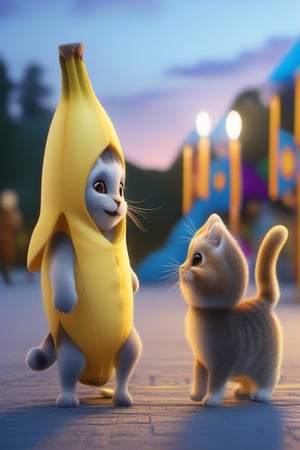 Picture a bright and cheerful scene where a banana cat, adorned in a cute outfit, eagerly heads towards the ice cream parlor under a clear blue sky. The cat's eyes sparkle with excitement as it holds a few coins in its paw, ready to purchase its favorite ice cream flavor. The streets are bustling with happy pedestrians, and colorful signs advertise delicious frozen treats, creating a lively and inviting atmosphere.