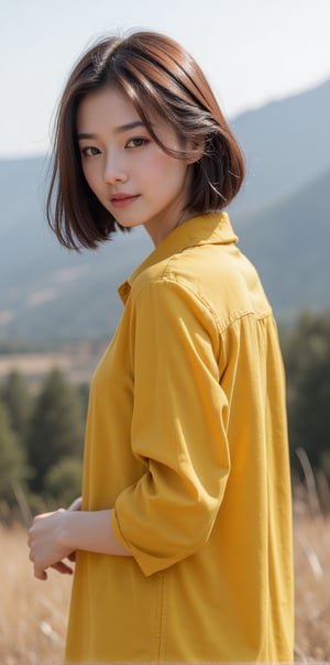 A beautiful 25 year old girl wearing bright yellow trousers standing on a hill looking down. Her trousers are tight. She is wearing bright yellow shirt. Short hair. Slight smile on her face. Blue eyes. White skin. Korean look. Side view.