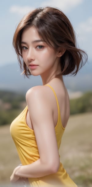 A beautiful 25 year old girl wearing bright yellow trousers standing on a hill looking down. Her trousers are very tight. She is wearing bright yellow tight shirt. Short hair. Slight smile on her face. Blue eyes. White skin. Korean look. Side view. She is wearing glasses. Bright blue eyes.