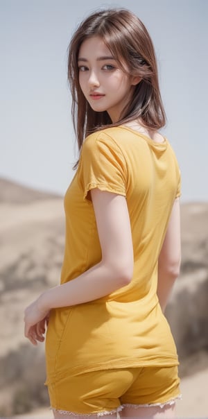 A beautiful 25 year old girl wearing bright yellow trousers standing on a hill looking down. Her trousers are very tight. She is wearing bright yellow tight shirt. Short hair. Slight smile on her face. Blue eyes. White skin. Korean look. Side view. She is wearing glasses. Bright blue eyes.