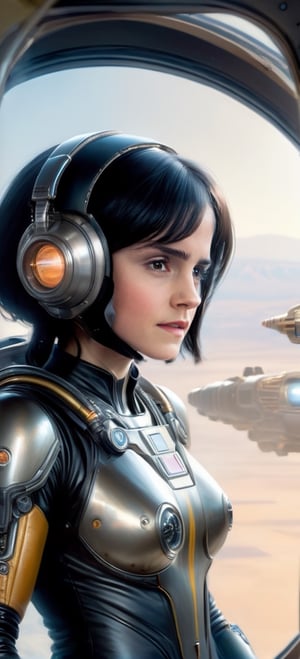 breathtaking close up photorealism photo of Caucasian woman with black hair wearing mech suit indoors (on alien spaceship) by Craig Davison, Dave Dorman, and Drew Struzan, symmetrical outfit. patch panels, computers, buttons, switches, screen, window with a view of outer space. wearing bubble helmet, face visible. high quality, photorealism, chromatic aberration, lens distortion, sharp focus, highest detail.