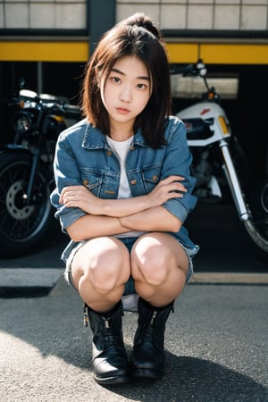 (masterpiece, realistic, ultra high res, high quality:1.2),18 years old cute girl, nakamori akina ,photorealistic, full body, wearing a very short hot pants, a denim jacket, white t shirt, biker boots,Detailedface, squatting,trying to fix a motorcycle 