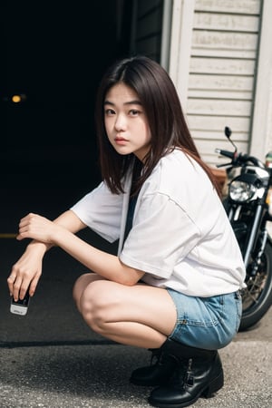 (masterpiece, realistic, ultra high res, high quality:1.2),18 years old cute girl, nakamori akina ,photorealistic, full body, wearing a very short hot pants, a denim jacket, white t shirt, biker boots,Detailedface, squatting,trying to fix a motorcycle 