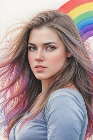 a realistic pencil drawing of a beautiful young woman with long hair,

background in strong crayon colors,

rainbows of colors,

conceptual art,

Very detailed,

intricately detailed,

sharp details,

Hyper realistic,

line art,

pencil drawing,

comic style,

trend in artstation,

sharp focus,

studio photo,

intricate details,

watercolor wash,

coming back to life,

coming out of paper,

16k resolution,

deviantart masterpiece,

Very detailed,

White background,

art by greg rutkowski