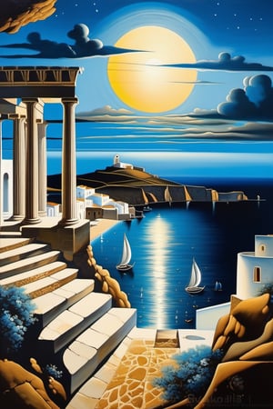 Greece under the moonlight with ancient architecture,

The Aegean Sea gently laps the shore,

clear night sky,

(((in the style of SUBREALISM, SALVADOR DALI))),

4K resolution,

the moonlight casting soft shadows,

oil painting,

Very detailed,

intricate work of SALVADOR DALI,

Ultra-fine details.