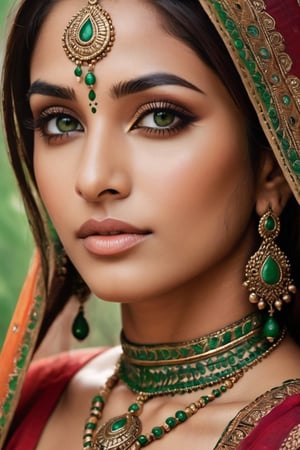 Beautiful Indian art. A painting of a beautiful Indian woman, (((very detailed face, soft green eyes, porous skin, hyperrealism))), with multiple beautiful colored henna Mehndi tattoos. by dreamer, (((photorealistic, taken from a movie, everything very detailed, face, body, gives a feeling of realism)))